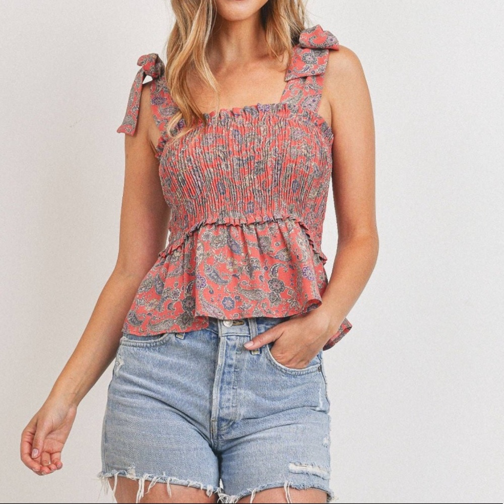 NWT Red Smocked Bow Tie Shoulder Strap Top - Picture 2 of 5